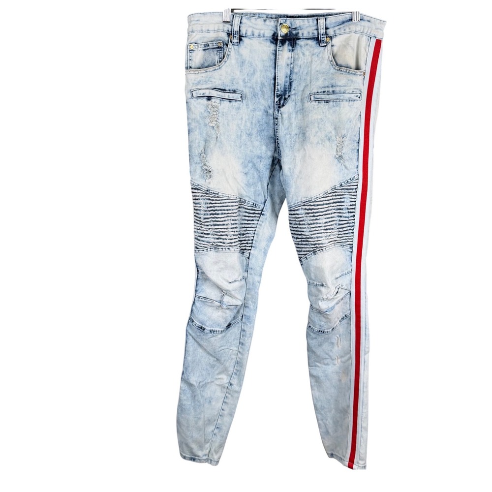 Brooklyn Xpress Mens 36x34 Moto Jeans Light Acid Wash Red Stripe Distressed